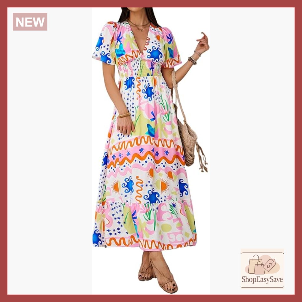 Boho Floral Maxi Dress Empire Waist Short Sleeve Summer Beach Wedding Guest